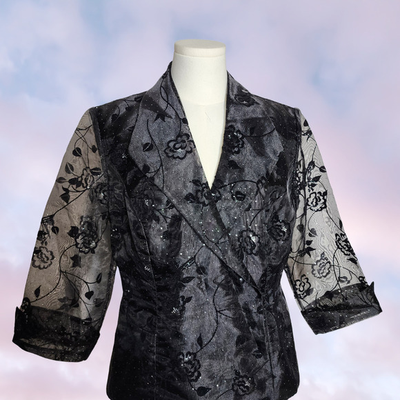 Vtg 90s R&M Richards Black Formal Floral Vampy Goth Glitter Collared Blazer Sz 8 - Picture 2 of 9